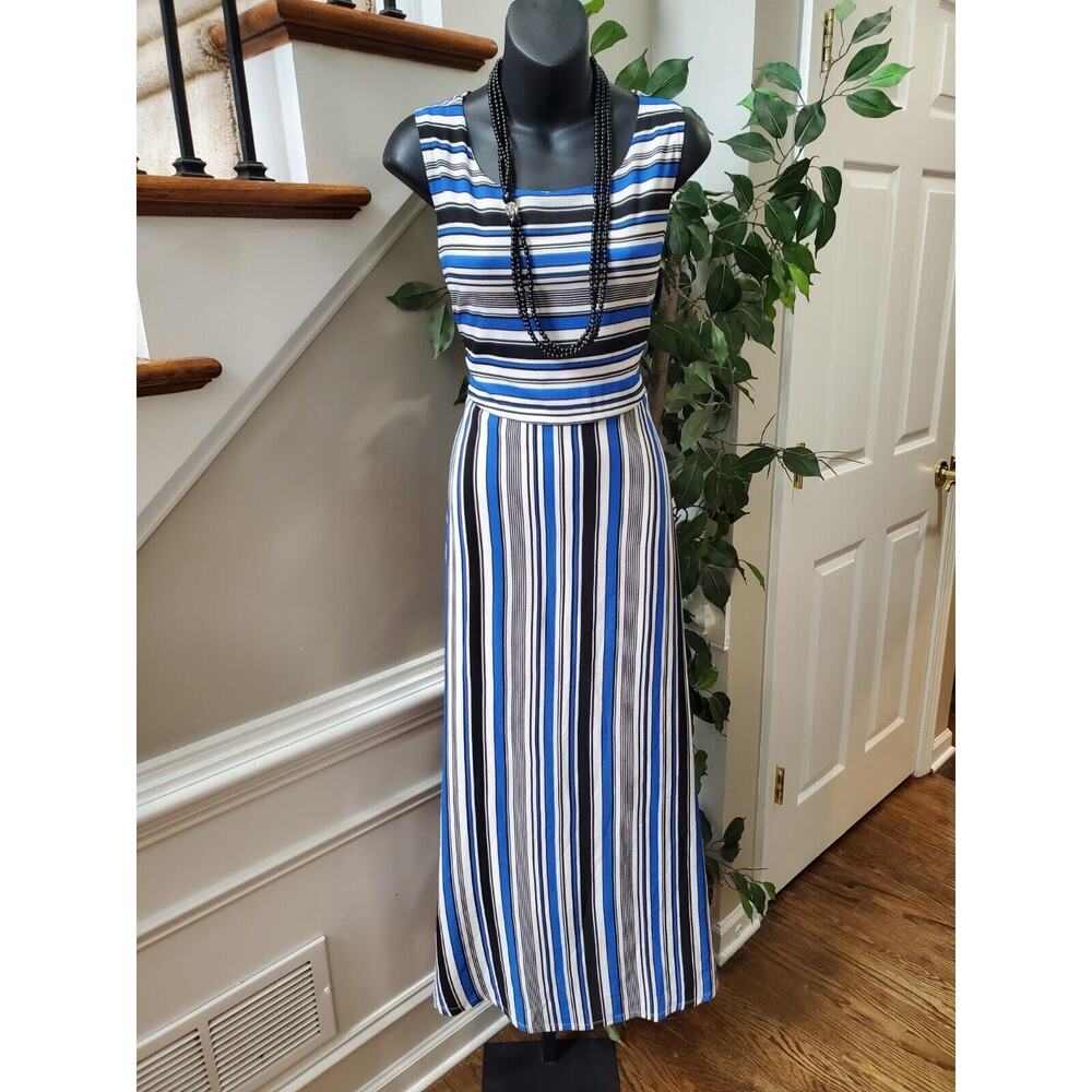 K Jordan Blue, White & Black Striped Maxi Dress